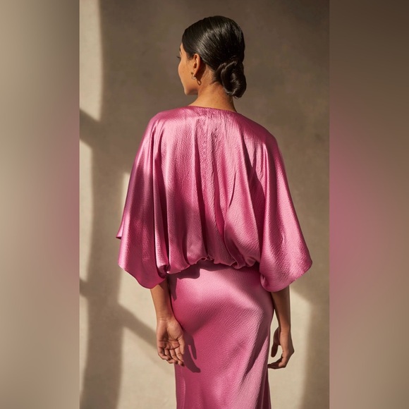 AIIFOS Isabelle Pink Crinkled Silk Satin Maxi Dress. Size XS - Picture 3 of 15